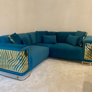 teal blue and gold sofa