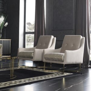 Atlas Accent Chair in modern grey and cream, showcasing bespoke luxury upholstery with sleek gold metal legs.