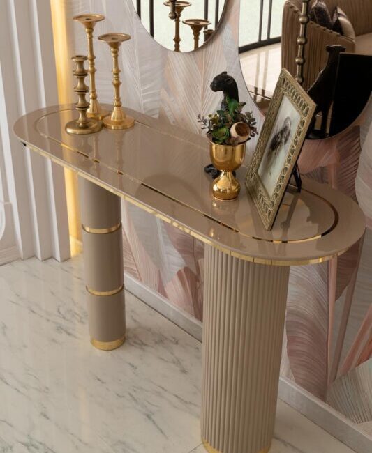 beige and gold console table