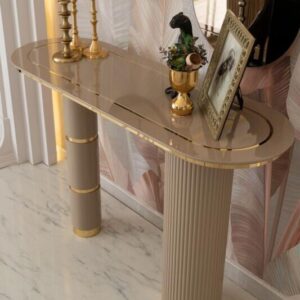 beige and gold console table