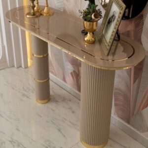 beige and gold console table