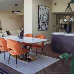 Luxury marble gold dining table with dining chairs with gold tipped legs