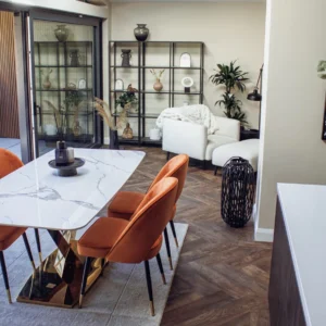 Luxury marble gold dining table with dining chairs with gold tipped legs