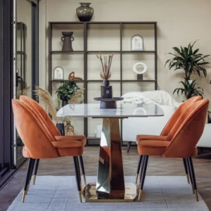 Luxury marble gold dining table with dining chairs with gold tipped legs