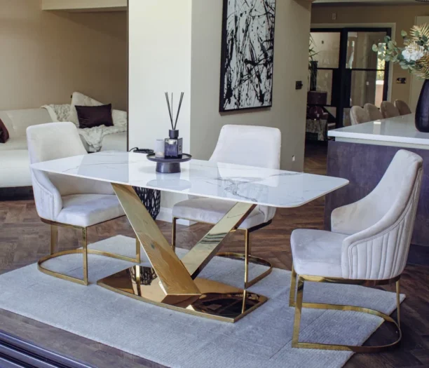 Luxury marble gold dining table with dining chairs with gold tipped legs