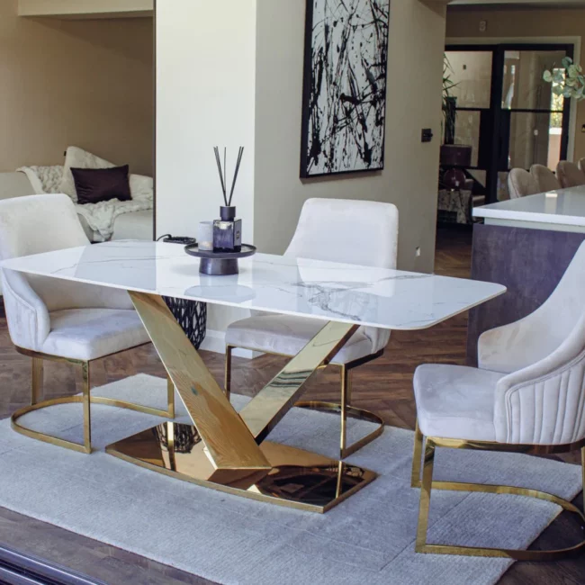 Luxury marble gold dining table with dining chairs with gold tipped legs