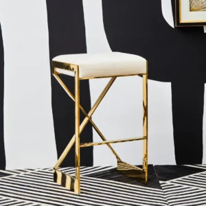 Celine Bar Stool with ivory velvet seat, featuring a gold or chrome X-shaped stainless steel frame and footrest for added support.