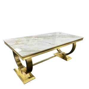 This luxury dining table features an open circle-accented trestle base built from stainless steel with a brushed gold finish, topped with stunning marble or ceramic in various colour options. The base frame showcases the uncluttered lines with the smooth marble top reflecting simplicity. Marble Colours: Grey / Mixed Brown & Beige / Black / White / Cream Ceramics:  Gold / Grey