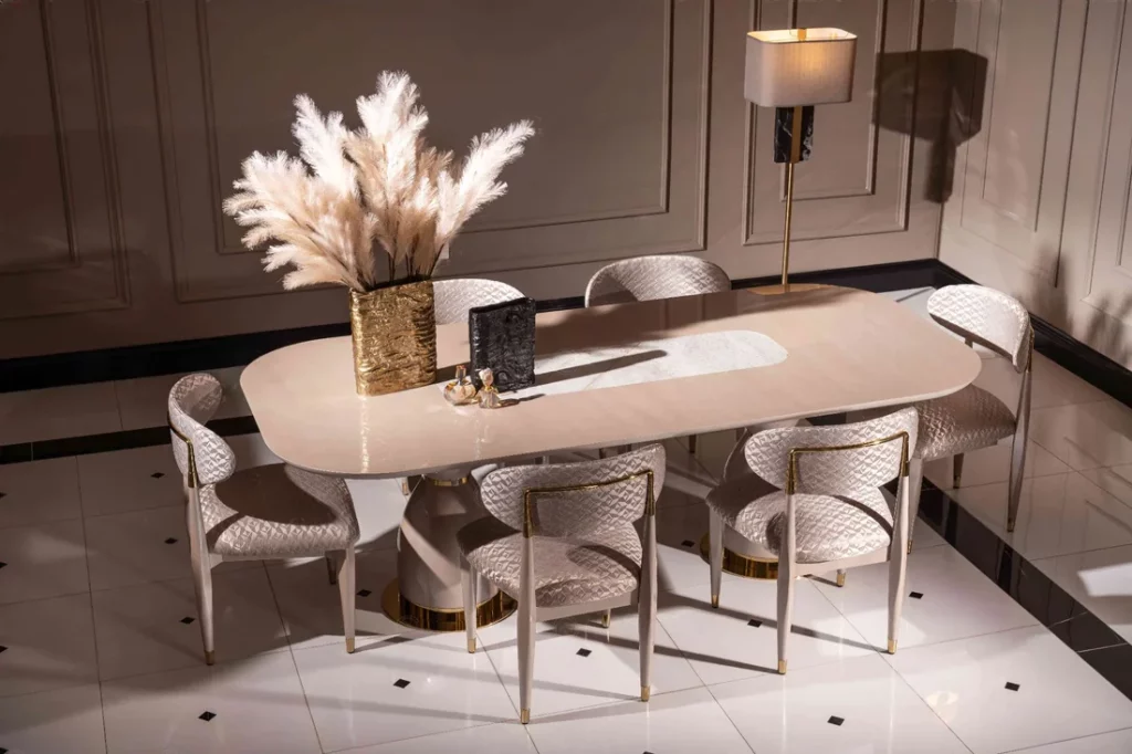 beige and gold dining set with luxury marble detail