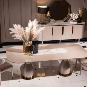 beige and gold dining set with luxury marble detail