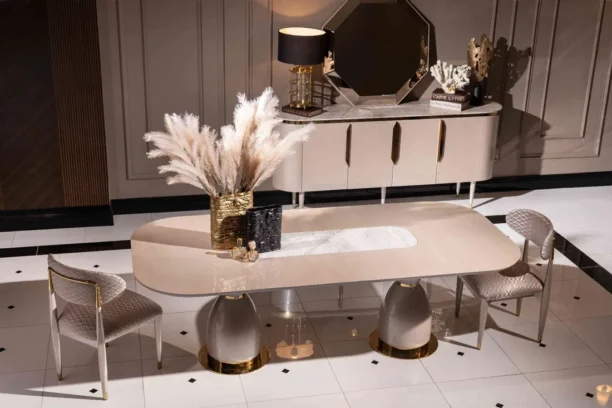 beige and gold dining set with luxury marble detail