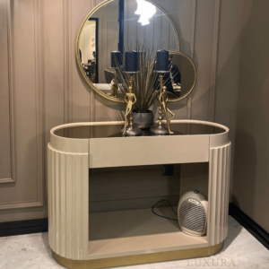 beige gold console table and mirror to match