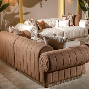 Handcrafted Belize luxury chesterfield-style sofa, bespoke-made with exquisite attention to detail. Plush, deep-buttoned upholstery in rich, sumptuous fabric. Elegant scrolled arms and intricate tufting enhance its timeless charm. Crafted for opulent comfort and enduring sophistication.