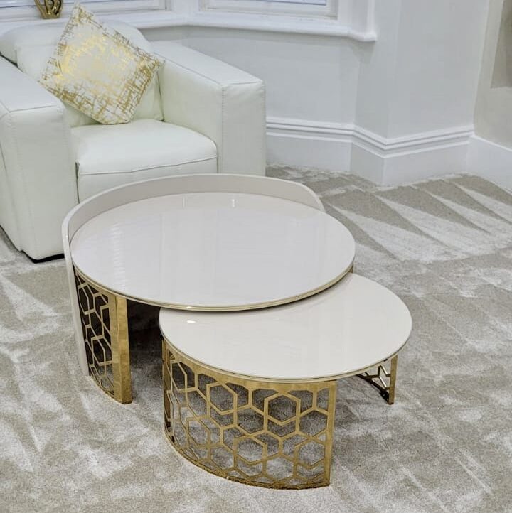 Palazzo Coffee table in cream and gold with honeycomb metal caging.