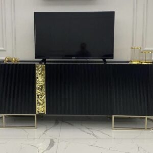 The Lyon Console redefines luxury. Designed with elegance and precision detailing this side unit features a melted gold effect over intricately riveted cupboard doors with co-ordinating metal edged oval mirror.  This stunning piece stretches 2.4 metres in length and is a true statement piece for your living space. Pair this piece with the rest of our Lyon Collection to create a luxurious ensemble. Bespoke made in black, cream or beige gloss and bronze or golden finishing.