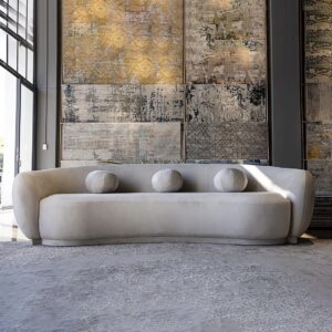 Amore Sofa in soft teddy bouclé fabric, bespoke luxury in various colors, available in 220cm for 2-3 seating or 270cm for 3-4 seating, showcasing handcrafted elegance.