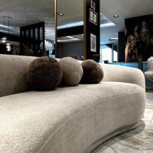 Amore Sofa in soft teddy bouclé fabric, bespoke luxury in various colors, available in 220cm for 2-3 seating or 270cm for 3-4 seating, showcasing handcrafted elegance.