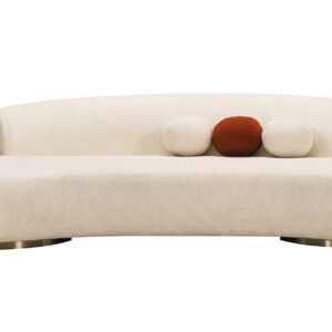 The Miami Curve Sofa features a curved silhouette upholstered in luxurious boucle fabric in your choice of colour and sitting on circular brass metal bases. The Miami Curve Sofa is a statement piece hand-crafted from the highest quality hornbeam structure, supportive seating made with high density durable foam, and finished with a fabric colour of your choice. Made with love and dedication to the highest quality, our bespoke designs incur a 10-12 weeks lead-time.