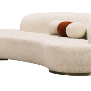 The Miami Curve Sofa features a curved silhouette upholstered in luxurious boucle fabric in your choice of colour and sitting on circular brass metal bases. The Miami Curve Sofa is a statement piece hand-crafted from the highest quality hornbeam structure, supportive seating made with high density durable foam, and finished with a fabric colour of your choice. Made with love and dedication to the highest quality, our bespoke designs incur a 10-12 weeks lead-time.