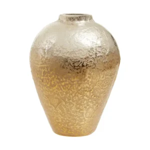 Skilfully handcrafted with sturdy aluminium, this small vase features a narrow neck. The tapered design boasts a luxe contrast of gold and silver finish that accentuates the decorative texture.