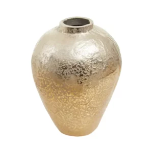 Skilfully handcrafted with sturdy aluminium, this small vase features a narrow neck. The tapered design boasts a luxe contrast of gold and silver finish that accentuates the decorative texture.