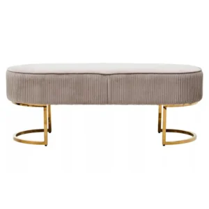 Elevate your home decor with our Luxury Mink Ottoman Bench. This opulent piece is draped in sumptuous mink velvet, offering both comfort and style. Its smooth top and elegantly pleated sides exude sophistication, making it a perfect addition to any room. The seat is artfully supported by a pair of sleek, gracefully arching legs finished in a lustrous gold hue, adding a touch of glamour to your living space. Make a statement with this luxurious ottoman bench and enjoy the perfect blend of elegance and comfort in your home.