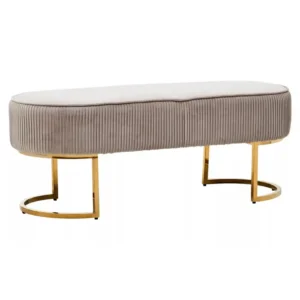 Elevate your home decor with our Luxury Mink Ottoman Bench. This opulent piece is draped in sumptuous mink velvet, offering both comfort and style. Its smooth top and elegantly pleated sides exude sophistication, making it a perfect addition to any room. The seat is artfully supported by a pair of sleek, gracefully arching legs finished in a lustrous gold hue, adding a touch of glamour to your living space. Make a statement with this luxurious ottoman bench and enjoy the perfect blend of elegance and comfort in your home.