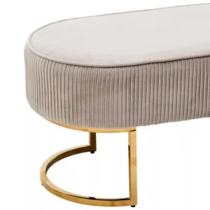 Elevate your home decor with our Luxury Mink Ottoman Bench. This opulent piece is draped in sumptuous mink velvet, offering both comfort and style. Its smooth top and elegantly pleated sides exude sophistication, making it a perfect addition to any room. The seat is artfully supported by a pair of sleek, gracefully arching legs finished in a lustrous gold hue, adding a touch of glamour to your living space. Make a statement with this luxurious ottoman bench and enjoy the perfect blend of elegance and comfort in your home.