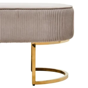 Elevate your home decor with our Luxury Mink Ottoman Bench. This opulent piece is draped in sumptuous mink velvet, offering both comfort and style. Its smooth top and elegantly pleated sides exude sophistication, making it a perfect addition to any room. The seat is artfully supported by a pair of sleek, gracefully arching legs finished in a lustrous gold hue, adding a touch of glamour to your living space. Make a statement with this luxurious ottoman bench and enjoy the perfect blend of elegance and comfort in your home.