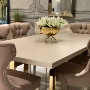 "Exquisite beige and gold dining set with opulent detailing and elegant craftsmanship, exuding luxury and sophistication."