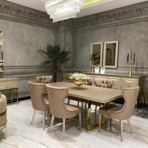 "Exquisite beige and gold dining set with opulent detailing and elegant craftsmanship, exuding luxury and sophistication."