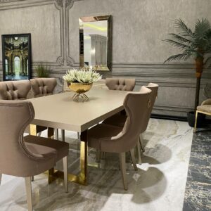 "Exquisite beige and gold dining set with opulent detailing and elegant craftsmanship, exuding luxury and sophistication."