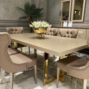 "Exquisite beige and gold dining set with opulent detailing and elegant craftsmanship, exuding luxury and sophistication."