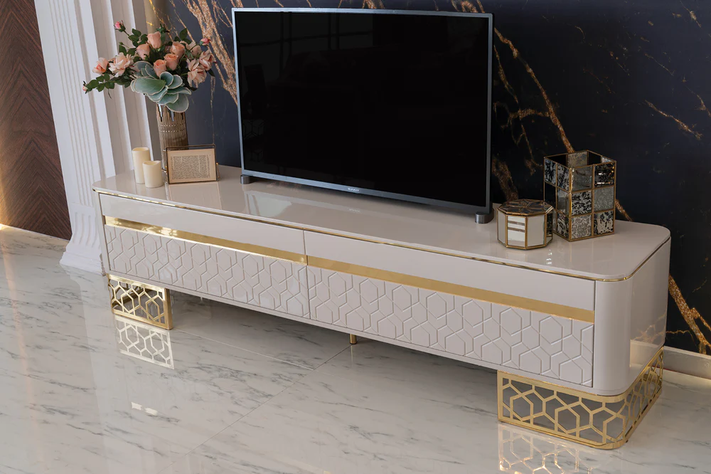 "Palazzo TV unit featuring geometric honeycomb design with customizable gold or chrome legs, embodying modern luxury and innovative style."