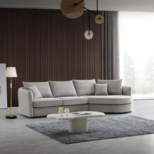 Serenity sofa in chic bouclé fabric with a curved design, blending durability and comfort for modern living spaces.