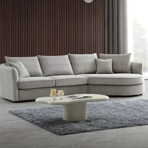 Serenity sofa in chic bouclé fabric with a curved design, blending durability and comfort for modern living spaces.