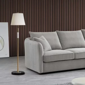 Serenity sofa in chic bouclé fabric with a curved design, blending durability and comfort for modern living spaces.