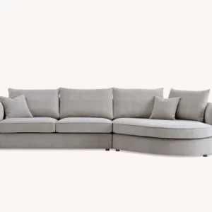 Serenity sofa in chic bouclé fabric with a curved design, blending durability and comfort for modern living spaces.