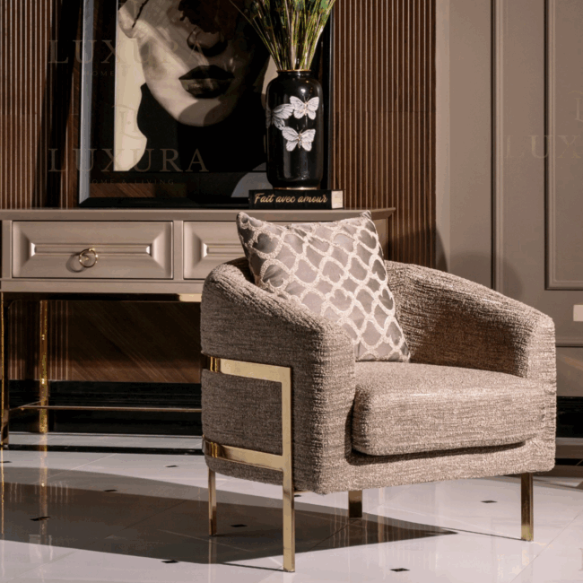 luxury taupe and gold armchair