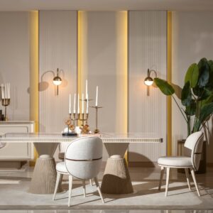 Bespoke Belize dining set featuring a cream and beige color scheme with a blush marble top. The set includes custom cream dining chairs, meticulously crafted for timeless elegance and luxurious dining experiences.