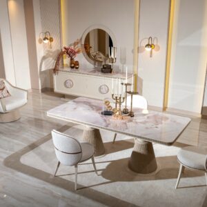 Bespoke Belize dining set featuring a cream and beige color scheme with a blush marble top. The set includes custom cream dining chairs, meticulously crafted for timeless elegance and luxurious dining experiences.