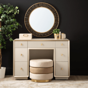 The Amelie Cream Elm 7 Drawer Dressing Table is a stylish furniture piece crafted from wood and finished with a serene cream veneer.