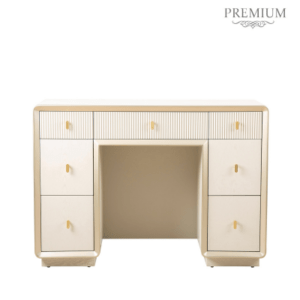 The Amelie Cream Elm 7 Drawer Dressing Table is a stylish furniture piece crafted from wood and finished with a serene cream veneer.