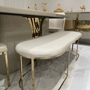 cream and gold dining set with bench