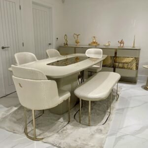 cream and gold dining set with bench