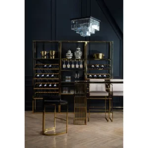 Elevate your bar area with the Piermont Bar Stool, boasting a luxurious black and gold color scheme. Inspired by the opulence of art deco design, its curved backrest and u-shaped base exude glamour. Wrapped in sumptuous velvet, the seat and backrest offer both style and comfort. Add a touch of sophistication to your space with the Piermont Bar Stool today