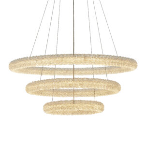 Presenting our distinctive chrome-plated ceiling light, featuring three interconnected hoops adorned with clear crystals, reminiscent of rapidly formed ice crystals. This exquisite chandelier boasts over 9,000 faceted crystals meticulously arranged to captivate the eye. Suspended gracefully by delicate and adjustable clear wire cables, it can be positioned above dining tables, in bedrooms, or as a stunning centerpiece in living rooms, adding a remarkable touch to your interior decor.