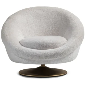 Cream Armchair featuring a unique wide round shape, customizable fabric upholstery, and a striking brushed gold base, designed for luxurious comfort and style