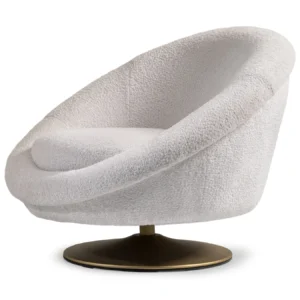 Cream Armchair featuring a unique wide round shape, customizable fabric upholstery, and a striking brushed gold base, designed for luxurious comfort and style