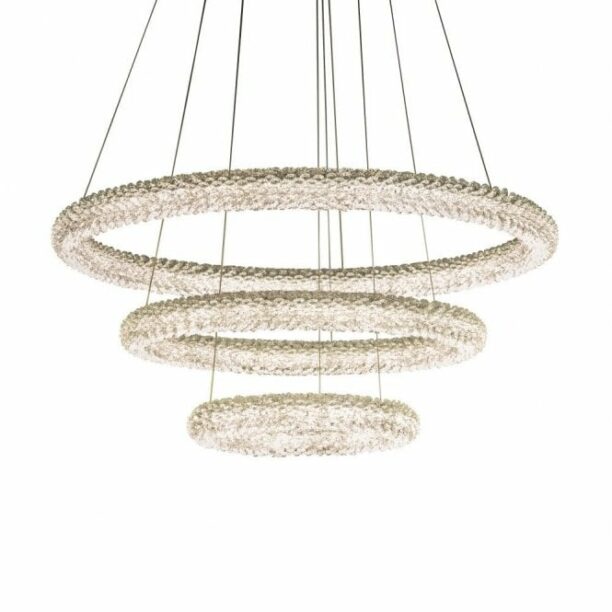 Presenting our distinctive chrome-plated ceiling light, featuring three interconnected hoops adorned with clear crystals, reminiscent of rapidly formed ice crystals. This exquisite chandelier boasts over 9,000 faceted crystals meticulously arranged to captivate the eye. Suspended gracefully by delicate and adjustable clear wire cables, it can be positioned above dining tables, in bedrooms, or as a stunning centerpiece in living rooms, adding a remarkable touch to your interior decor.